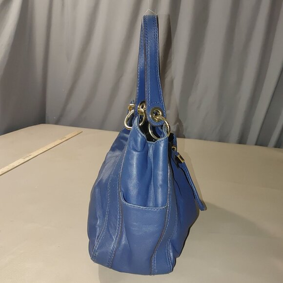 Michael Kors Ludlow Handbag Blue Soft Leather Tote Purse Gold Drawstring Details - Picture 12 of 14